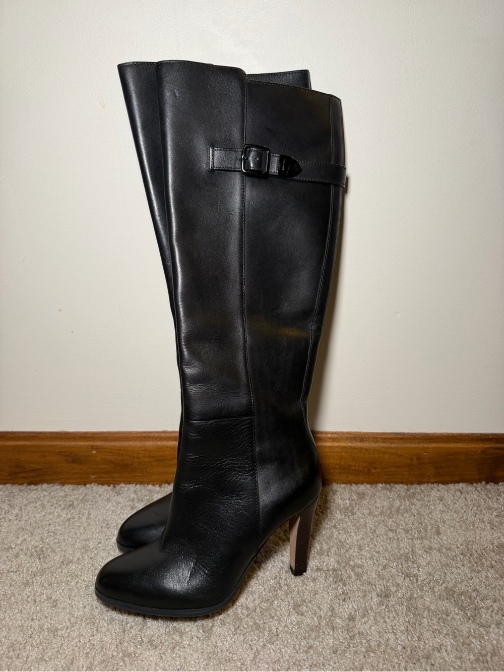 Black Coach Jo Knee-High Leather Heeled Boots